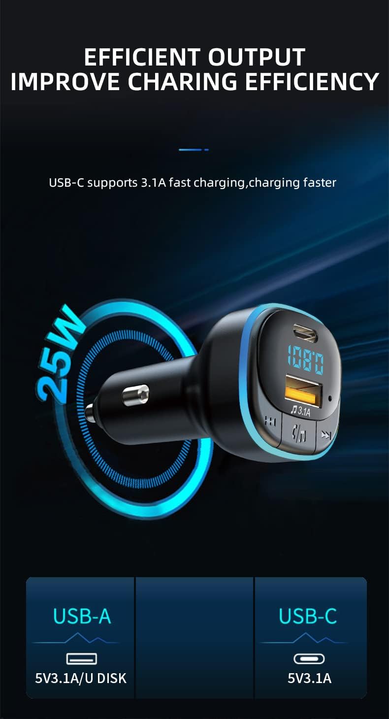 OHITEC Bluetooth 5.0 FM Transmitter for Car, Hands Free Calling, Built-in Over-Current Protection, 5V/3.1A Quick Charger & Blue Colors LED Backlit Car Radio Bluetooth Adapter, Support USB Disk - Image 2